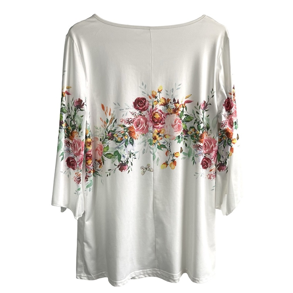 Beautiful SzL Blouse Floral Print White 3/4 Length Sleeve Round Neck Stretchy - Picture 2 of 13